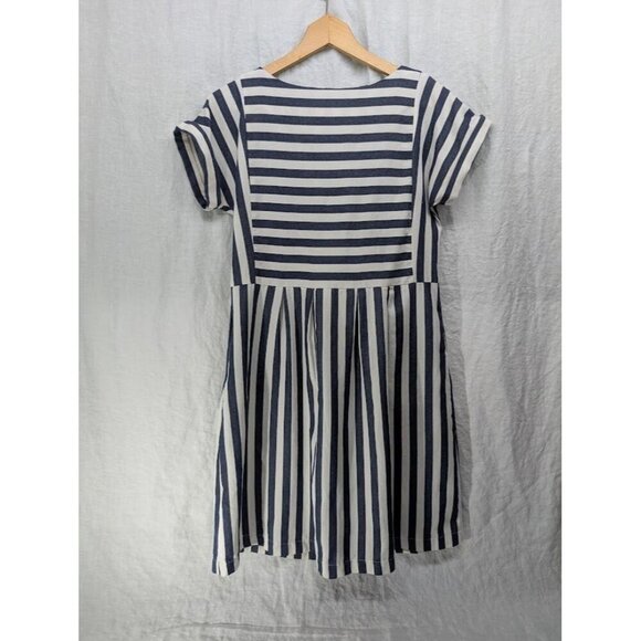 Clad & Cloth Bib Dress Size Small Navy Blue and Cream Striped pockets K8 - Picture 5 of 9